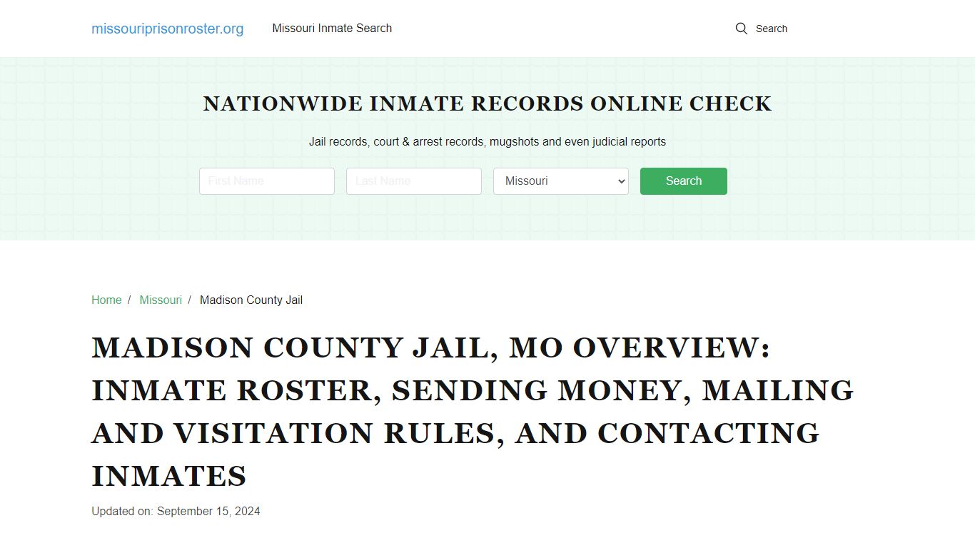 Madison County Jail, MO: Offender Lookip, Visitations, Contact Info